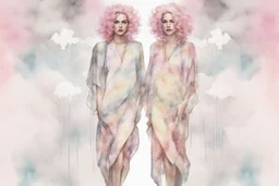 A beautiful woman with knee-length curly pink hair, wearing a spider-sleeved ankle-length tie-dye kaftan and silver high-heeled sandals, double exposure, merged layers, watercolor and black ink outlines, soft, shading strokes, cracked marble holographic background, the cracks are golden S<AI in sunshine