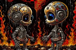 Goodness Greatness Great dolls of fire, Distorted Unbalanced Reality, by Phlegm and Dave McKean and Graham Sutherland, it's all ball-bearings, connective metal automatron, surrealism, abstract surreal art, acrylics