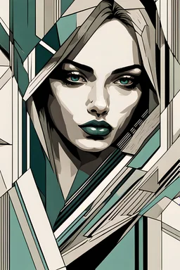 A close-up portrait in a geometric style with hard edges and sharply contrasting colors.