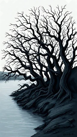 Prompt: "Illustrate a gathering of dark, twisted trees along the riverbank, their branches resembling skeletal hands reaching out, as if trying to grab anyone who approaches."