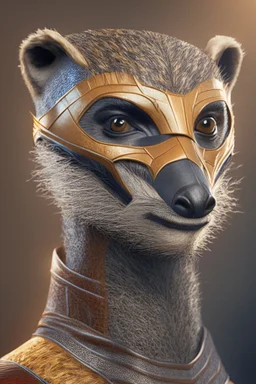 Superhero, Meerkatman, male head, amor, meerkat mask, hyper realistic, intricately detailed, novelty, full body, cinematic, 4k