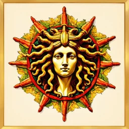 Absolutely, let’s infuse your prompt with vibrant hues! "Symbol of Sicily: The iconic Medusa head at the center offers protection against evil with its piercing gaze. Encircled by three dynamic legs, each representing the ceaseless motion and energy of life on the island. A kaleidoscope of vivid colors—brilliant golds, fiery reds, and lush greens—bring this emblem to life, symbolizing the rich cultural tapestry and natural beauty of Sicily. The warm and harmonious hues evoke the island's sun-so
