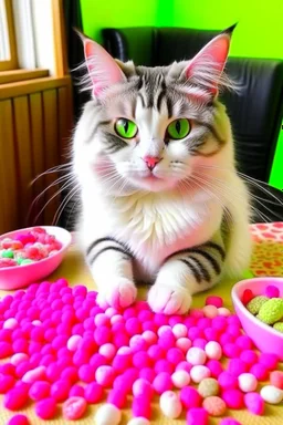 scene: Adorable,a cat eating food with a lot of food around her facts about them ◦ loves food ◦ lovely ◦ pink paws