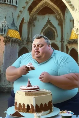 fat viktor orban eating cake in a castle