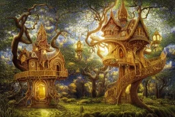 elaborate beautiful fantasy treehouse, glistening, intricate, made from crystal gold drops, sugared drops, leaf swirls, giant light, beautiful hyperdetailed painting, fantasy art, album cover art, 8k, hdr, greek light colours, celestial powdered sugar, dreamy, by carlo crivelli and anne stokes and andrea kowch and mark brooks and vladimir kush and tom bagshaw