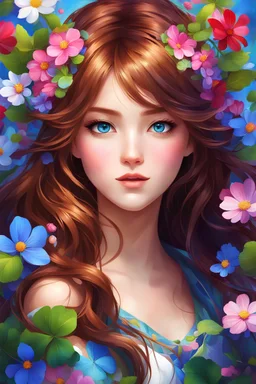 Through the art of digital painting, the artist skillfully crafted a stunning portrayal of a beautiful anime girl adorned with shiny brown hair and full clover leaves stitched delicately on her head. With her lovely bright blue eyes captivating the viewer, she stood amidst a mesmerizing display of very beautiful colorful flowers, each petal radiating vibrant and vivid colors.