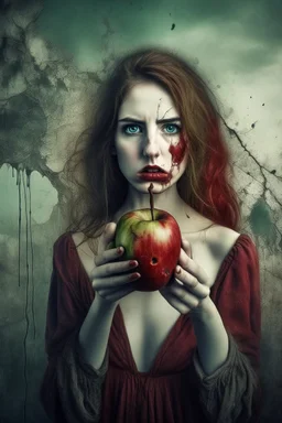 A surreal grunge messy and cracked painting style, eve is holding a rotten apple - not amused, wide view from below, ironic, surreal, abstract and striking see