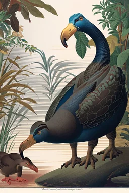 John James Audubon-like illustration of a fully uncropped Dodo bird and a Platypus in a chinoiserie landscape of warm yellows, warm reds, and warm blues