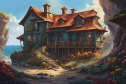 The house at the sea painted by Otto Frello. concept art, mid shot, intricately detailed, color depth, dramatic, 2/3 face angle, side light, colorful background