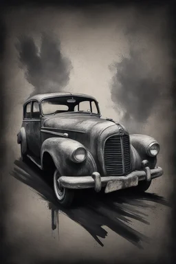 An old automobile , Hyper Realistic Aerial Grungy Dark-Grey Brush strokes on a dark rustic background with charcoals