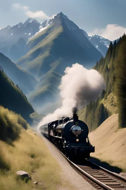 The orient express train moving at speed on the track on a sunny day with mountains in the background 1920, steam