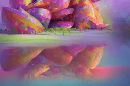 of a colorful lakeside with strange cute friendly creatures with huge eyes, mouth, long tongue and round teeth appearing from the waters, in the style of gehry and gaudi, macro lens, highly detailed, shallow depth of fielf, digital painting, trending artstation, concept art, illustration, cinematic lighting, vibrant colors, photorealism, epic, octane render