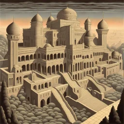 art by "Escher", painting, landscape , Feigned The Palace Beyond Good and Evil, at Dawn, Illustration, Hopeless, 70s Science Fiction, Provia, overly complex style