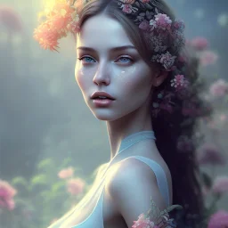 flower beautiful girl,utra realistic,highly detailed, sharp focus, parallax flowers, honeybee, fantasy art, Special Lighting, Vibrant, Solid color,color Scheme, forest, unreal engine 5