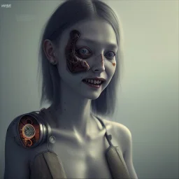 a cute smiling girl with her mother, red tattoo in the face, steam punk, scary, horror, realistic, made in octane, cinematic, movie, CGI, ultra-realistic, extremely detailed octane rendering, 8K, VRAY Super Real ar 2:3, dof photorealistic futuristic 50mm lens hard lighting dark gray tintype photograph, realistic lighting, sephia colors