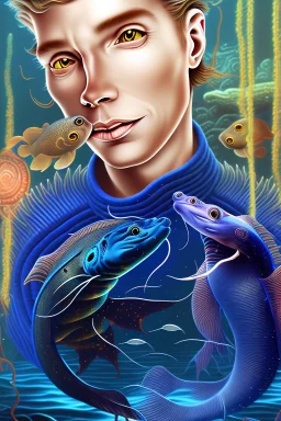 a sea monster with a human head, the body of a moray eel, fins of a fish, swims in the ocean