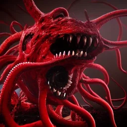 red, tentacles, a lot of eyes, teeth, monster, horror, blood, huge, scary, hyperrealism, gore, masterpiece, expert, volumetric lighting, deformed, sharp focus, 8K