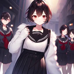 Clear focus, High resolution, fluffy black short hair, dark red eyes, wearing a black and red sailor uniform and pleated black skirt, fluffy hair, detailed outfit, wearing red eyelashes,