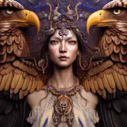 Insanely detailed photograph of an elaborate beautiful eagle goddess intricate glowing skin eyes intricate face hair lashes fur dress hyperdetailed painting by Anna Dittmann Huang Guangjian and Dan Witz CGSociety ZBrush Central fantasy art album cover art 4K 64 megapixels 8K resolution HDR Greek shiny space colours jewelry celestial hair eyes light"