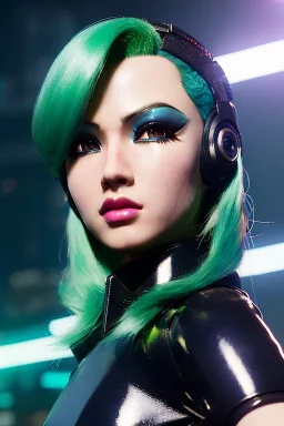 Futuristic amime warrior, waist up portrait, physically fit, latex and leather attire, green hair, blue eyes, one pair of ears, intricate eyeliner, vibrant eyeshadow, clear completion, soft lighting, 4k resolution, intricate details, insanely detailed, colorful cityscape background, masterpiece, expert, cinematic smooth, retroanime style, realistic details, no helmet