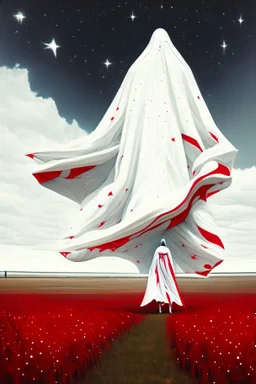 Giant massive huge in stature, majestic entity, hovering and floating over a large field landscape. the entity wears a white and red draped fabric that has printed on the material resembling stars. the fabric has also technological elements. you can see how big it is compared to a tiny human standing in front of it