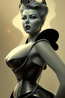 Lana Turner as evil queen in black leather, leather, busty, cleavage, angry, stern look. character design by cory loftis, fenghua zhong, ryohei hase, ismail inceoglu and ruan jia. unreal engine 5, artistic lighting, highly detailed, photorealistic, fantasy