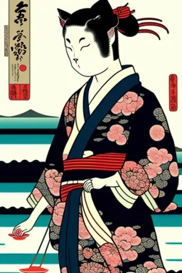 ukiyo-e style print of a cat with a human body wearing a soft yukata and walking by the sea