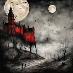 color Ink illustration by Alexander Jansson, heavily inspired by the unsettling symbolism of Edward Gorey and Stephen Gammell, depicting a double moon in a surreal sky, red and black color scheme dominating the artwork, line art punctuating the grim narrative, detailed sketch, chilling motifs, dramatic linework, textured surface, ominous representation, unsettling, offbeat social critique.