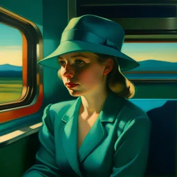 Portrait of a girl in turquoise hat on a train at sunset by Hopper