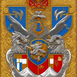 coat of arms of a city in the moutains, rocks and fire, very detailed