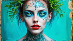 old retro photograph, light vignette, faded, worn and cracked, double exposure, surrealism, female humanoid from another world, red lips, half body, greenish blue pale transparent glowing skin, bald head, plants growing out of head, tattoo on head, alien transparent eyes, double exposure, hyperdetail, double exposure, Anna Razumovskaya, Anna Dittmann, Luis Royo, Neo-impressionism, expressionism, oil painting. Bold, detailed and textured brushstrokes reminiscent of Royo and Peter Coulson. Deep co