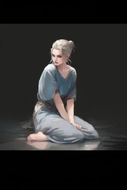 Dnd character on her knees. A female Aaismar twilight cleric with white hair and blue eyes, wearing gray robes. Etreal, beautiful, sexy