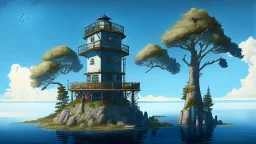 two-story tower with an observation room at the top, with a one-story room on one side, on a large island, in a large lake, surrounded by trees, with a blue sky