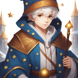 4K, Fantasy World, A boy only wearing a closed wizards robe, and wearing a wizards hat. White Hair. Golden Clock Eyes.