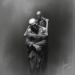 The image is a dark, haunting, monochromatic artwork that portrays a skeletal figure embracing or overpowering a human-like strong male figure. The skeletal entity looms from behind, its bony arms wrapped around the human, who appears to be partially draped in tattered cloth and in a state of despair or submission. ...