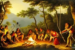 Romanticism, Painting, caveman holding a club, cave, cave bear, campfire, stone age, dawn, fine detail, high quality,