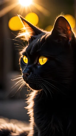 Черный кот с желтыми глазами светится от лучей солнца