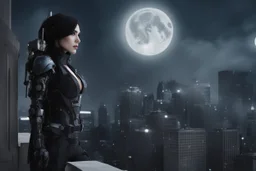 Fantasy Photo Of A Woman With Black Hair, Wearing A robot-looking suit, standing sideways On A Ledge of a building, With A waning moon Behind Her Head