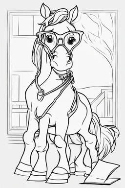 Outline art for cute coloring pages with horse with glasses, full body, white background, sketch style, only use outline, clean line art, no shadows and clear and well outlined.