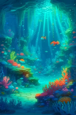 style: Sparklecore Prompt: “A magical underwater sparklecore scene with glittering sea creatures, mermaid kingdoms, and bioluminescent plants creating a radiant underwater landscape. The scene is filled with vibrant colors, sparkling lights, and whimsical details, showcasing an enchanting and fanciful underwater world.”