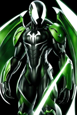 Cyborg symbiote, white color, green color, tendrils, high tech, cyberpunk, biopunk, membrane wings, carbon fiber, cyber tentacles, and the other two.