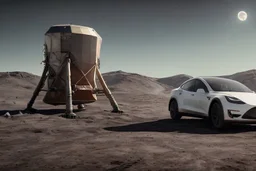 A Tesla 'Model Y' is parked, at the lunar landing site of the 'Apollo 11'. (CINEMATIC, WIDE ANGLE LENS, PHOTO REAL)