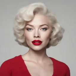 Michelle williams as marilyn monroe, in a red sweater, white bacground