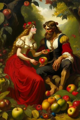 Carmen the Spanish gypsy girl tempts adam with an apple in the garden of Eden