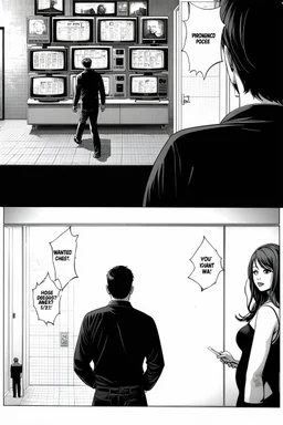 uncolored comic book page: top panel(man on his way out the door walks past a display of televisions on which a bulletin of wanted criminals mugshots appears, higher over the shoulder camera perspective), bottom panel(pov a woman's hand holding a pregnancy test that shows a positive result, tile floor below), panels divided at a 30 degree angle
