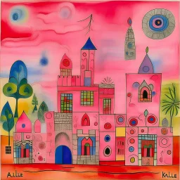 Pink ruins with flowing aura designed in African masks painted by Paul Klee