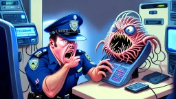 confused male cop dispatcher deals with evil virus hatching from the phone