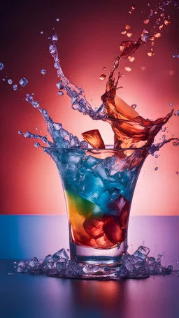 Capture dynamic drink twirling splashes in flying drink photography" with ref cocktail art as the main theme, showing splashes rendering heart shaped ice pieces ,some toppings including fruit pieces in the air. sunset gradient light, gradient in studio background,sunbeams, italy