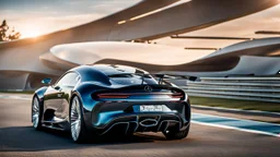 Rear View A stunningly realistic (((Bugatti x Mercedes UFO))), intricate detail and perfection in every surface, glimmering metal and luxurious contours, a (perfect model) for a desktop wallpaper fit for high resolution screens, evoking a sense of futuristic elegance in a (4K cinematic atmosphere).