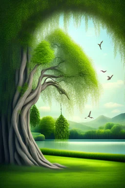 Logo of a pretty willow tree with long green hanging branches, standing outside a square window with an arch, emphasize the window and arch, serene tranquil background with a body of water.